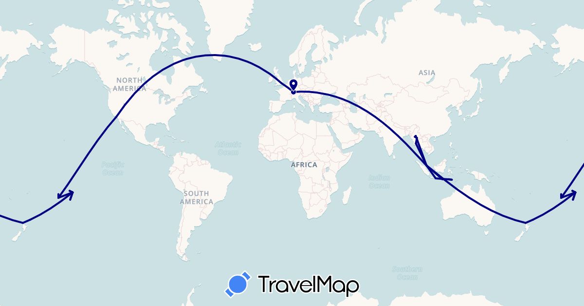 TravelMap itinerary: driving in Switzerland, Cook Islands, United Kingdom, Indonesia, Myanmar (Burma), New Zealand, French Polynesia, Singapore, United States (Asia, Europe, North America, Oceania)